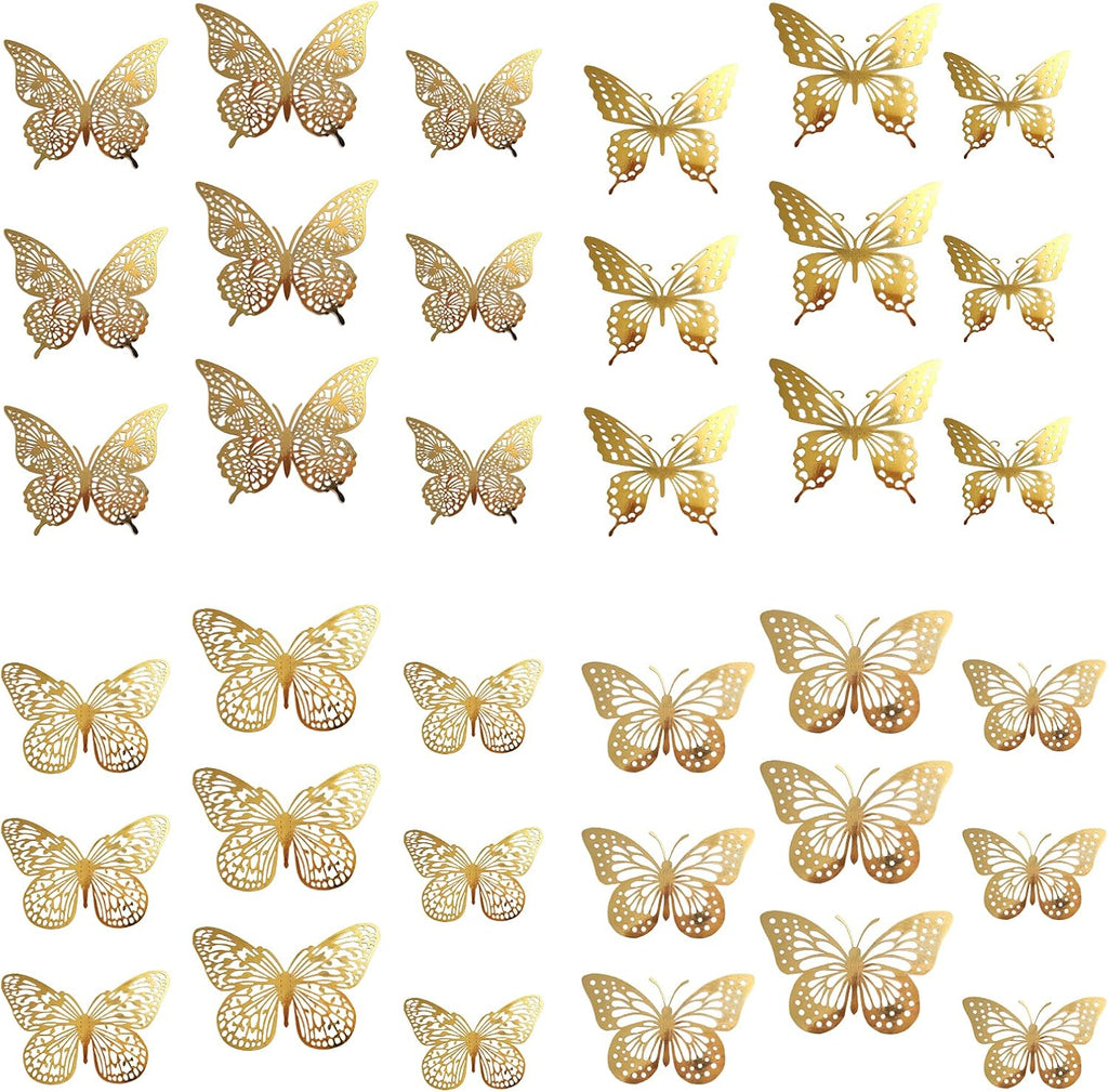 VEGCOO 48PCS Gold 3D Butterfly Cupcake Toppers, Hollow Buterfly Party Cake Decoration Butterfly Stickers for Birthday Wedding Party/Wall Decoration