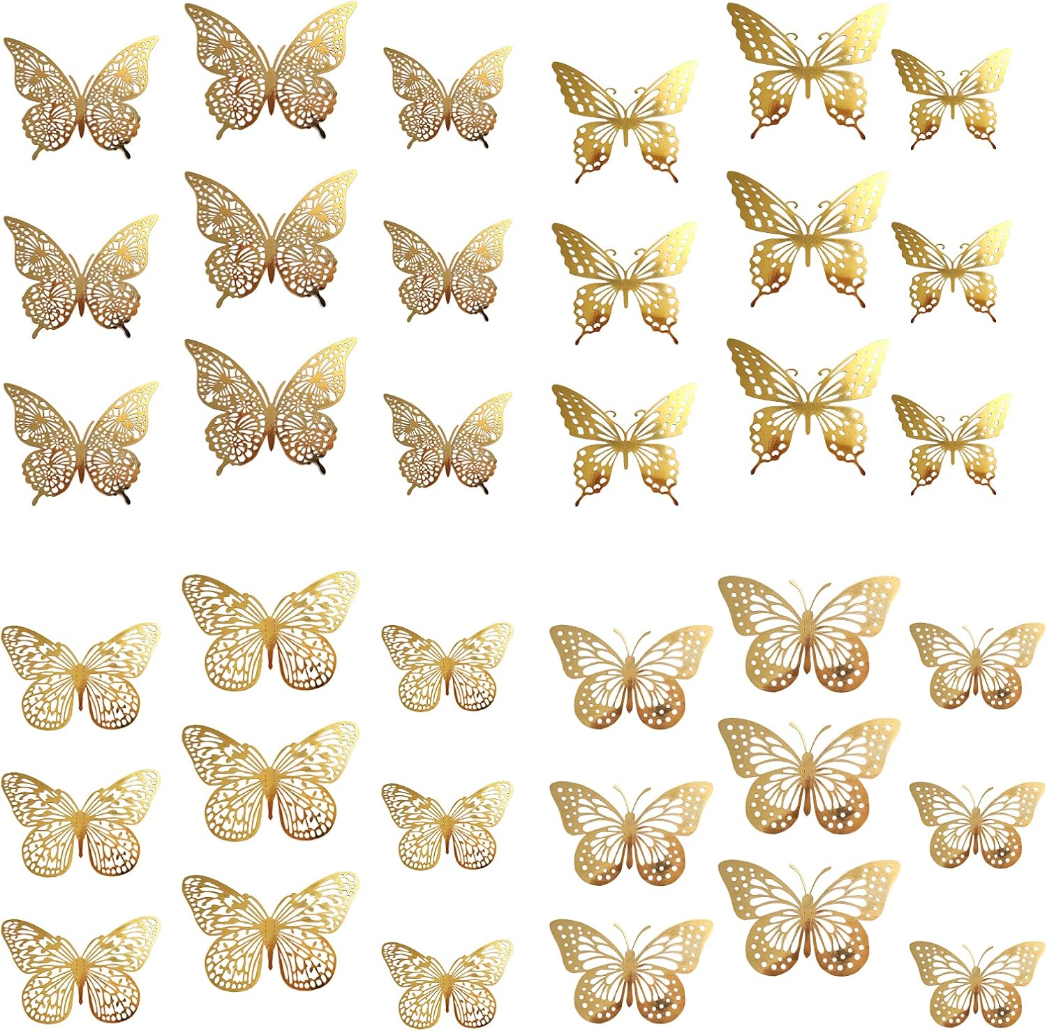 VEGCOO 48PCS Gold 3D Butterfly Cupcake Toppers, Hollow Buterfly Party Cake Decoration Butterfly Stickers for Birthday Wedding Party/Wall Decoration