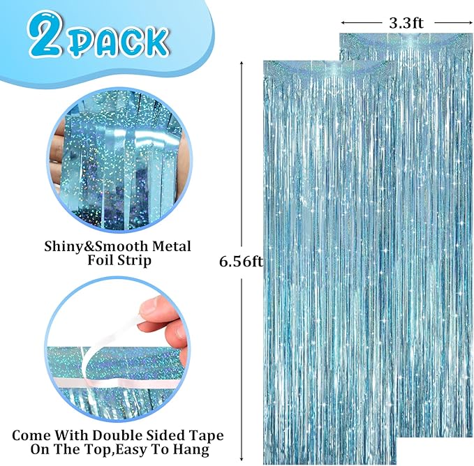2 Pack Laser Light Blue Foil Fringe Curtains, Tinsel Streamers Birthday Party Decorations, Fringe Backdrop for Kids Birthday, Sea, Blue Theme Party