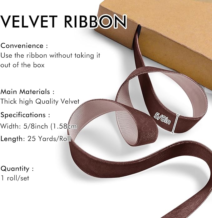 Brown Velvet Ribbon 5/8'' 25 Yards for Christmas Tree, Gift Wrapping, Flower Bouquet, Wreath Decorations, Bow Making