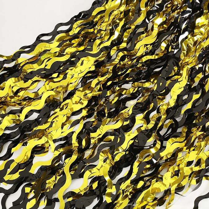 4 Pack Black and Gold Wavy Foil Fringe Curtains Pirthday Decorations,3.3 ft x 6.6 ft Metallic Foil Curtains Streamers for Party Photo Booth Props Background Decoration