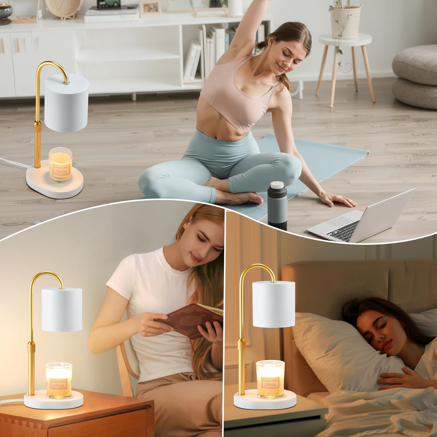 Dreamholder Electric Candle Warmer Lamp with Timer & Dimmer, Adjustable Height Wax Melt Warmer for Jar Candles, Wood Base Candle Melter, Floral Home Decor Gifts for Women, Mom, White Gold