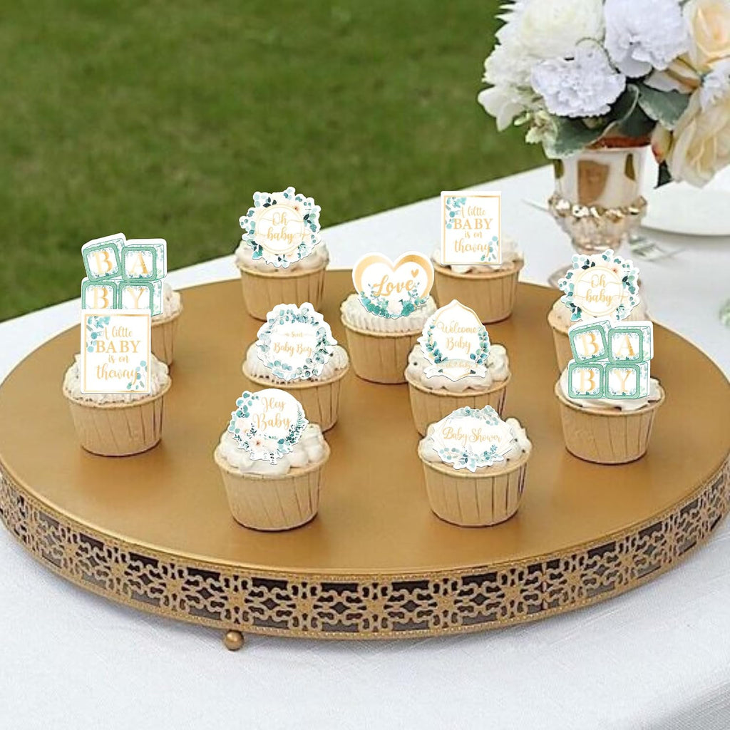 60 Pack Edible Welcome Boy Cupcake Toppers A Little Baby is on the Way Cake Toppers Rice Paper Wafer Paper Cupcake Picks for Kids Birthday Cake Decorations Green