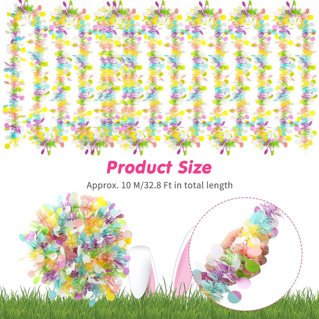 WILLBOND 32.8ft Spring Colorful Tinsel Garland Decor Extra Wide 4" Pastel Garland with Confetti Summer Metallic Twist Hanging Decor for Tree Festival Birthday Party Indoor Outdoor Classroom