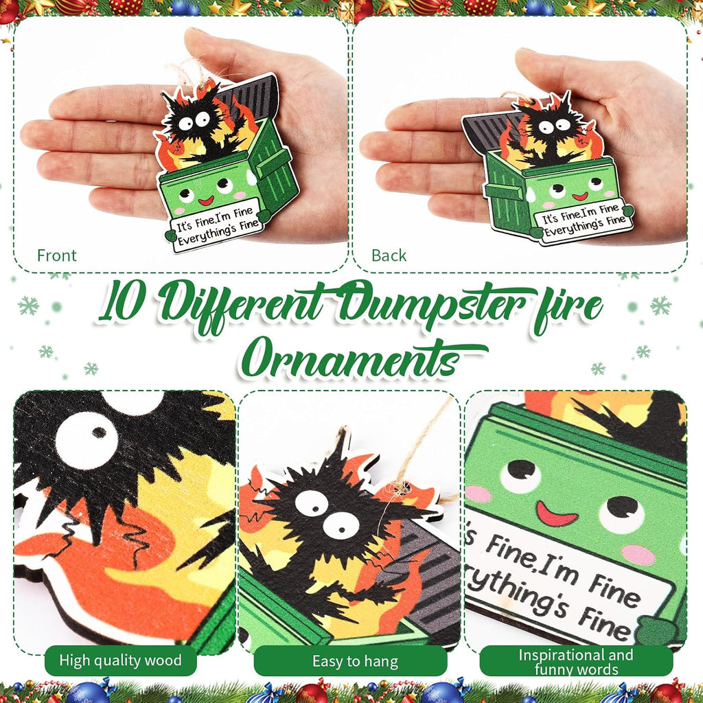 Syhood 50 Pcs Christmas Dumpster Fire Ornament Funny Christmas Tree Hanging Ornaments Bulk Everything is Fine Emotional Dumpster Fire Employee Appreciation Gifts for Team Coworker Nurse, 10 Styles