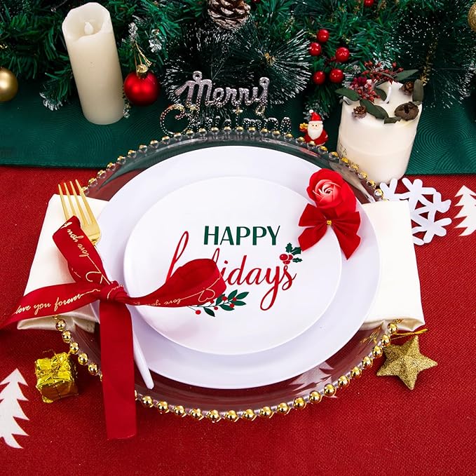 Supernal 150pcs Easter Plastic Dinnerware with Plastic Plates,White and Gold Silverware, Easter Disposable Party Plates with "Happy Holiday" Design for Festival Gatherings