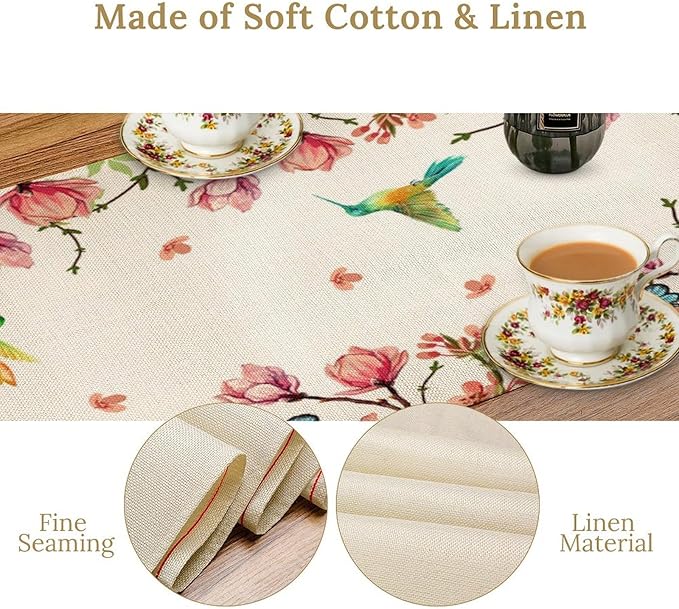 Vintage Watercolor Flower Hummingbird Table Runner Seasonal Spring Garden Plants Birds Florals Farmhouse Country Kitchen Dinner Runner Dining Table Decoration 13"x60"