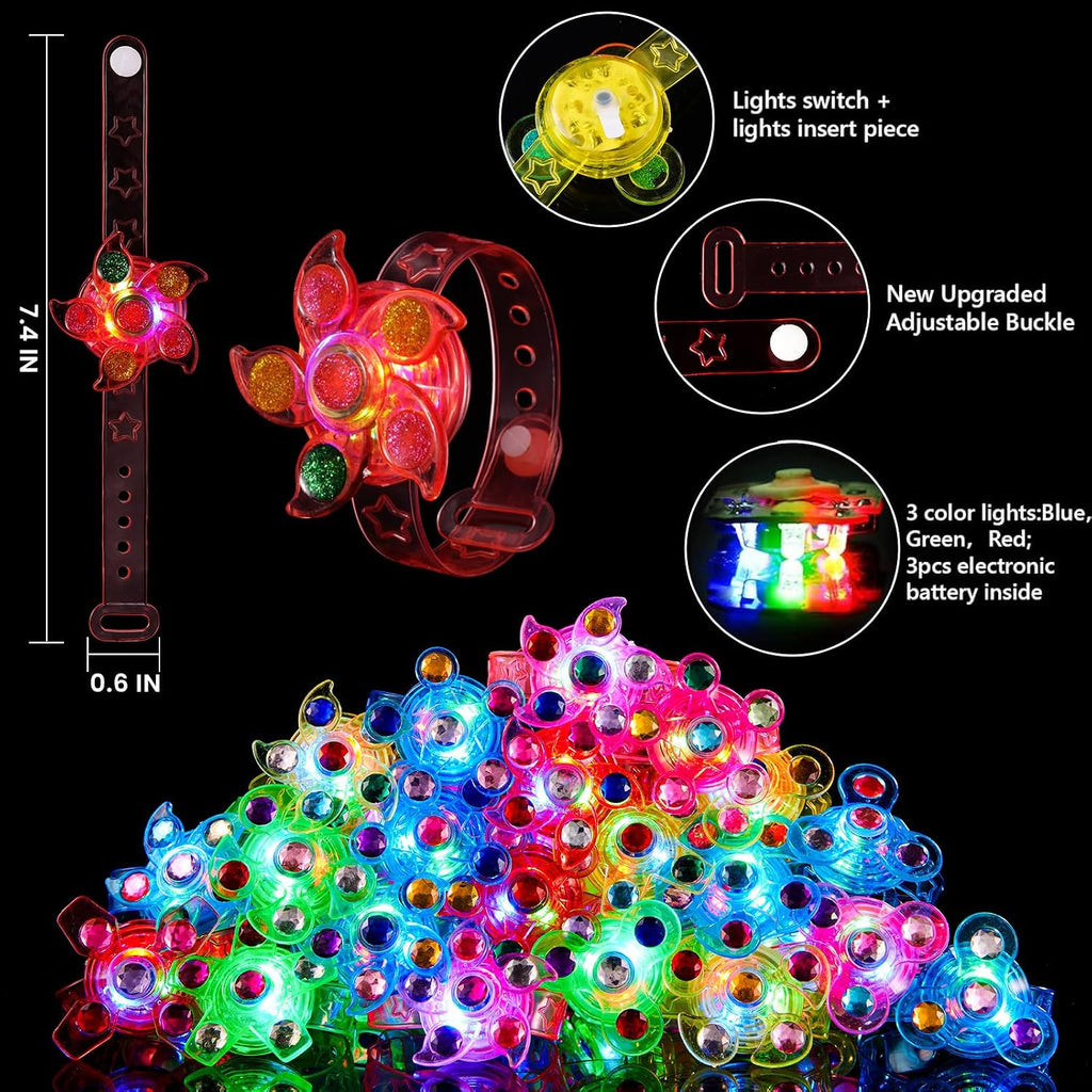 SCIONE 24 Pack LED Light Up Fidget Spinner Bracelets, Glow in The Dark Party Favors for Kids 4-8 8-12, Treasure Box Toys, Birthday Gifts, Carnival Prizes, Goodie Bags Stuffers