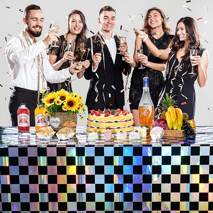 1Pack Black and Iridescent Checkered Plastic Tablecloth, Shiny Disposable Laser Rectangle Table Covers, Holographic Foil Tablecloth Iridescent Party Decorations for Picnic Camping Race Car, 54x108Inch