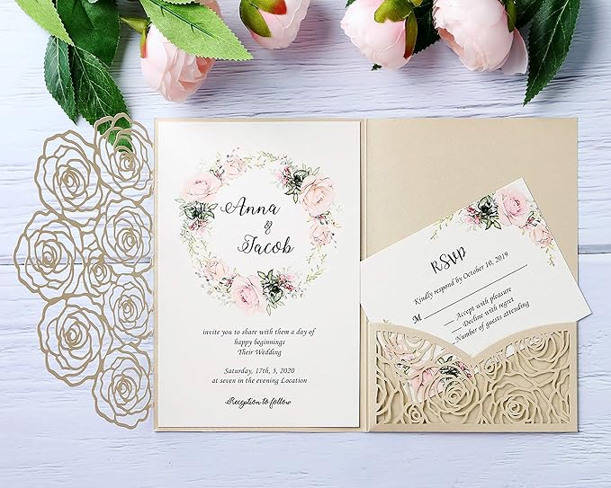 20 Pcs Laser Cut Wedding Invitations Card Pocket with Envelope for Birthday Party Baby or Bride Shower Invite suitable for 5 * 7 Inches Insert Paper (Champagne)