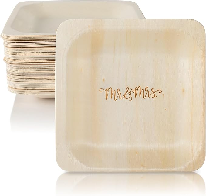 Mr. and Mrs. Disposable Wedding Plates – Rustic, Compostable Alternative to Plastic Plates for Wedding Receptions, Engagement Parties, and Rehearsal Dinners (Appetizer, 50-Pack)