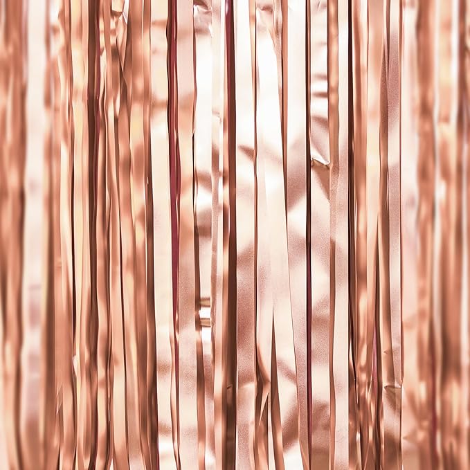 PartyWoo Rose Gold Curtains Backdrop Streamers 3pcs 8.2ft Rose Gold Foil Fringe Tinsel Backdrop Curtain for 21st Birthday Baby Shower Bridal Shower Wedding Engagement Groovy Pajama Party Decorations