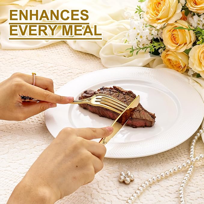 40PCS Gold Plastic Silverware - Heavy Duty Elegant Disposable Utensils - Gold Plastic Cutlery Set Includes 20 Forks, 10 Spoons, 10 Knives for Dinner, Parties, Weddings