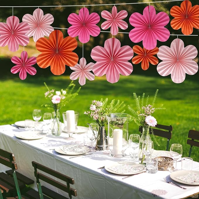BestoFun 12 PCS Paper Flowers Fans Pink and Orange Party Decorations Paper Flowers Decorations for Wall Girl Groovy Birthday Baby Shower Wedding Bachelorette Room Hanging Décor