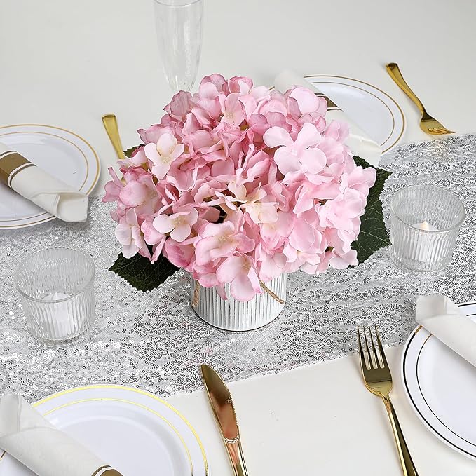 Flower Table Centerpieces - Set of 6 Floral Arrangement Artificial Wedding Hydrangeas Floral Arrangement with Rustic Metal Vase for Bridal Tea Party Event Decorations - Pink