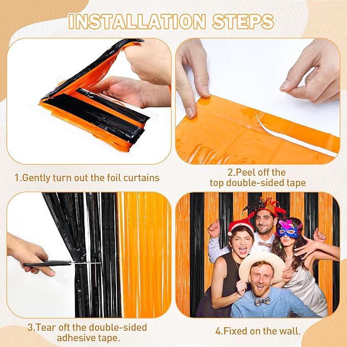 Halloween Photo Backdrop, 2 Pack Orange and Black Party Streamer, Metallic Foil Fringe Curtains Tinsel Backdrop, Halloween Birthday Party Decorations Hanging Decor Indoor, Photo Booth Props Streamers