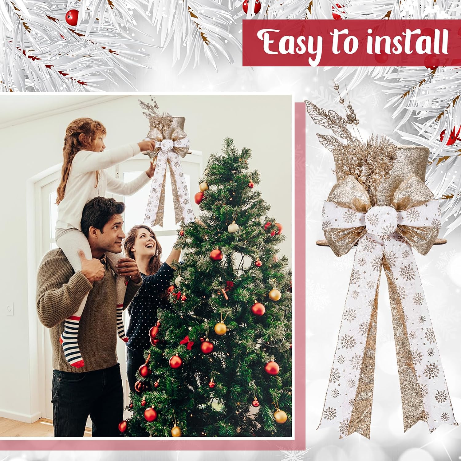 Poen Christmas Tree Topper Hat Shiny Sequins Top Hat with Bow Lengthened Ribbon Tree Topper Santa Christmas Decorations for Xmas Gift Ideas Holiday Winter Party Ornament Supplies(Gold)