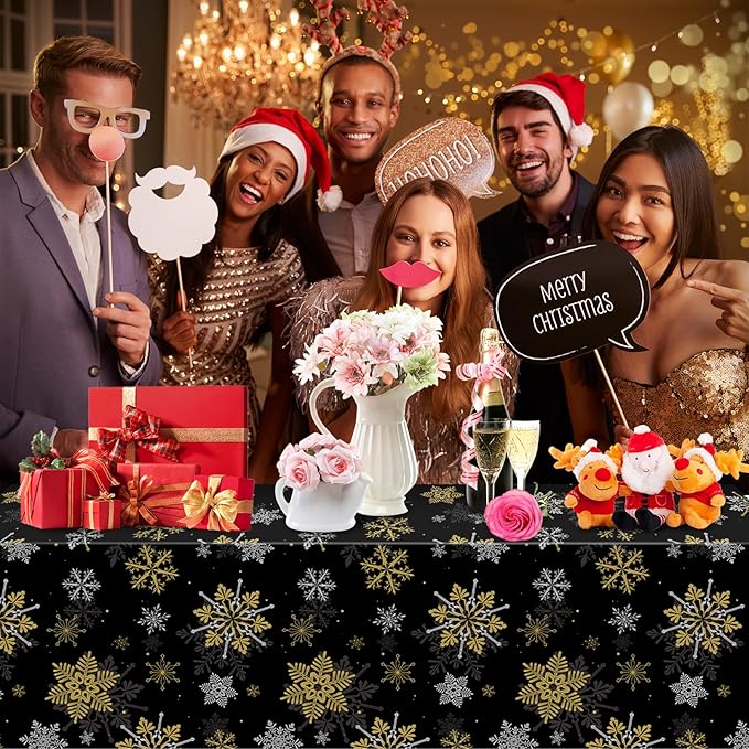 6Pcs Christmas Snowflake Party Tablecloths Decorations,Plastic Black and Gold Table Cloth,Winter Rectangle Table Cover for Christmas New Year Birthday Baby Shower Holiday Party Decorations,54x108 inch