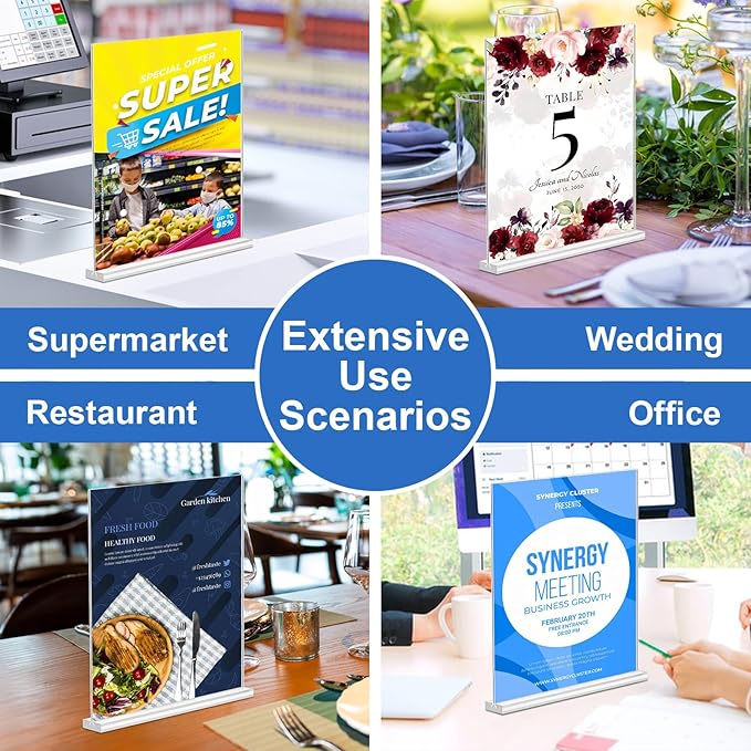 Acrylic Sign Holder 8.5 x 11,10 Pack Clear Sign Holder Double Sided Table Menu Vertical Desktop Display Stand Paper Flyer Holder Tabletop Sign Holder Suitable for Restaurants, Office, Store, Hotels