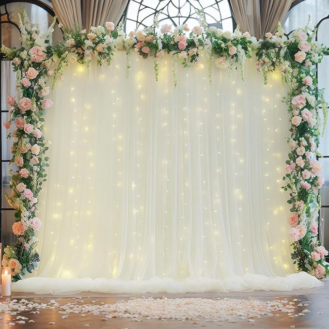 PARTISKY 20ft X 10ft Ivory Tulle Backdrop Curtain for Parites, Sheer Backdrop Curtains Fabric Drapes for Wedding Ceremony Arch Party Stage Decorations