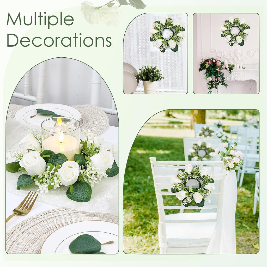 White Rose Candle Rings with Flameless Candles Sets - 12PCS Artificial Flower Eucalyptus Wedding Centerpiece 3 Inch Pillar Candleholders Wreaths for Wedding Party Decor (White - 6 Sets)