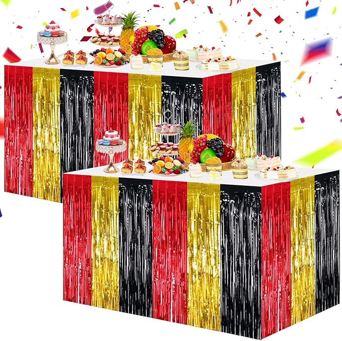 BEISHIDA 2 Pack Red Gold Black Table Skirts Party Decorations Metallic Tinsel Foil Fringe Decors for Rectangle and Round Table Graduation Casino New Year Mouse Theme Birthday Party Decorations