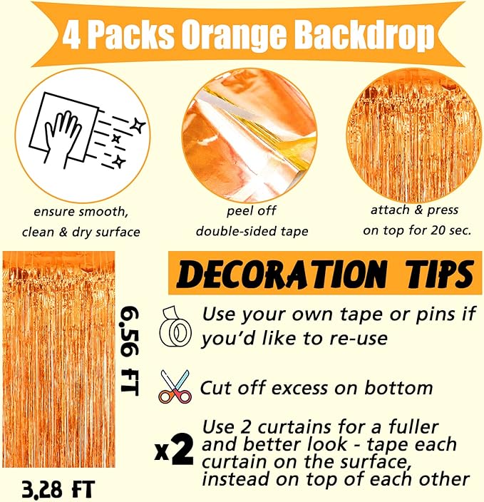 4 Pack Orange Fringe Curtain Backdrop, 3.2Ft x 6.6Ft Metallic Tinsel Foil Fringe Streamers Background for Photo Booth Birthday Wedding Baby Shower Carnival Easter Mother’s Day Party Decorations