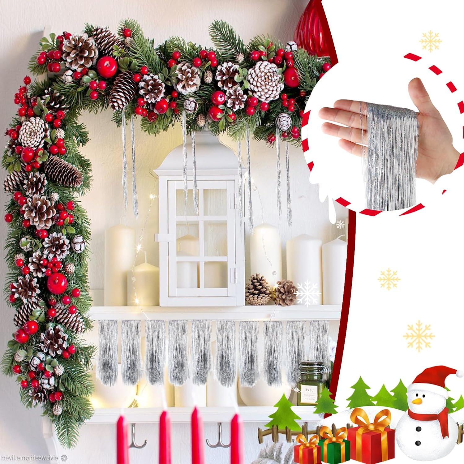 2000 Strands Glittering Silver Christmas Tinsel Icicles 19.7" Iridescent Hanging Foil Icicle for Xmas Tree Wedding Home and Party Decoration