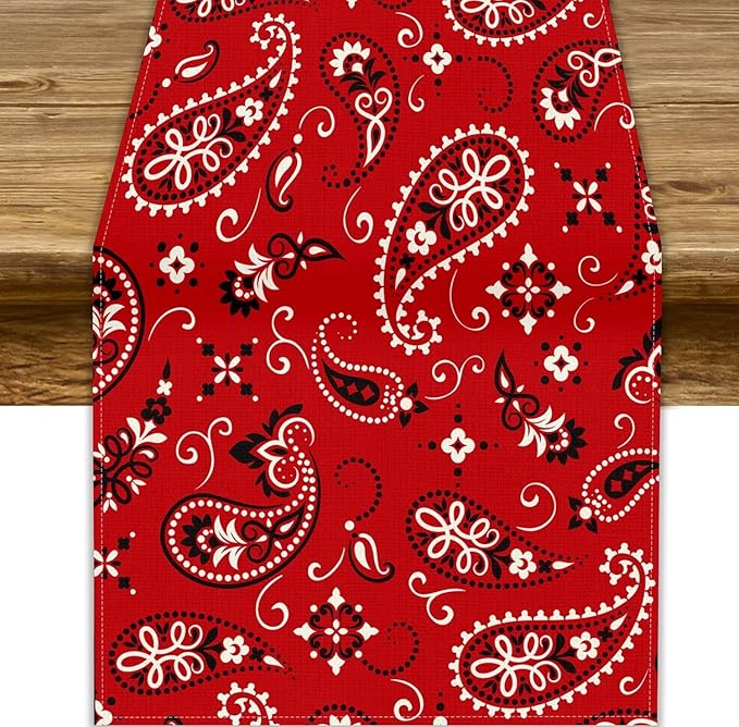 Paisley Table Runner, Boho Vintage Western Red Paisley Flower Print Table Runner for Kitchen Dining Table Wedding Holiday Party Decor, 13x70inch