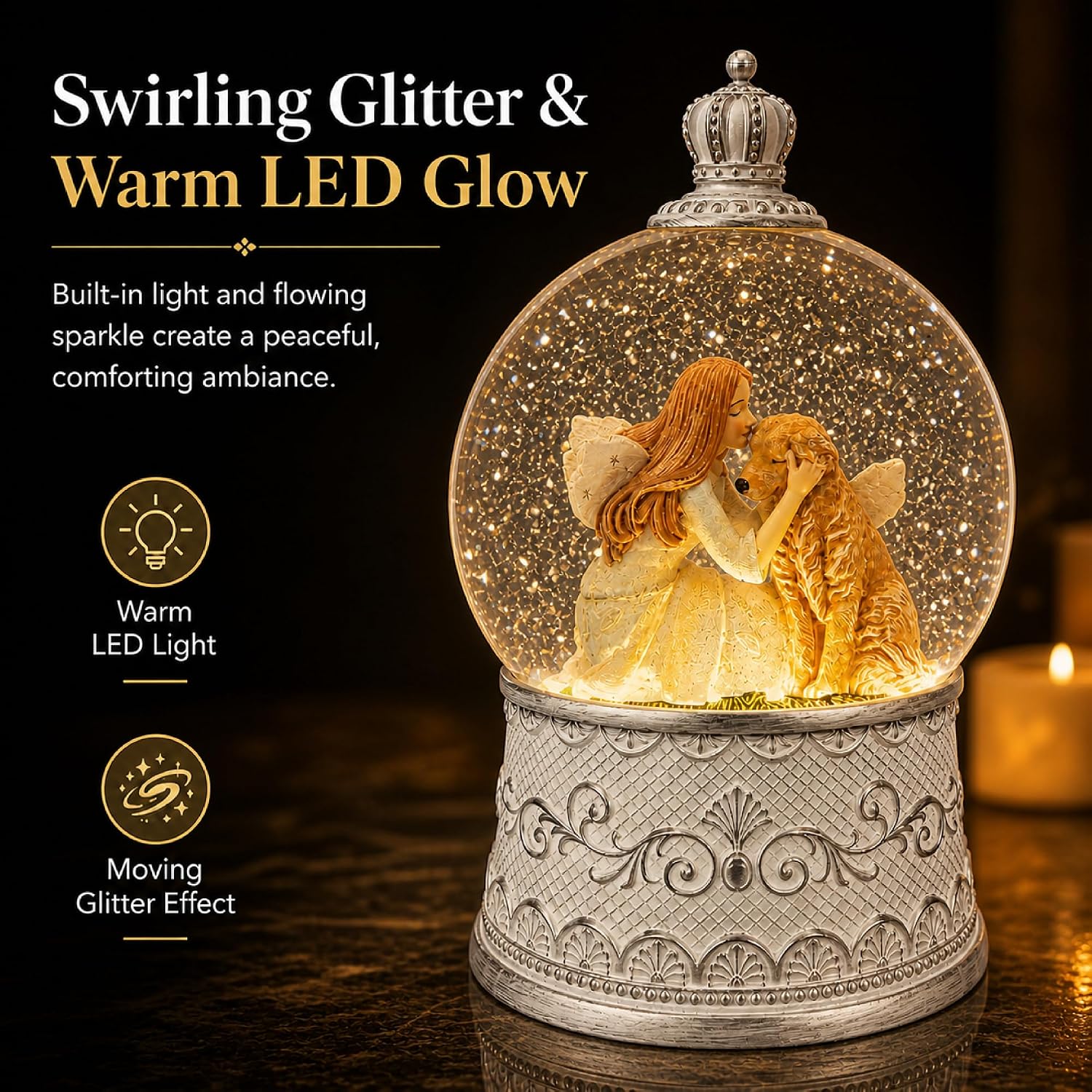 Dog Memorial Gifts for Loss of Dog Sympathy Gift, Snow Globe with Auto Swirling Glitter & 6H Timer, Battery or USB Powered, Dog Passing Away Gifts for Home Decor