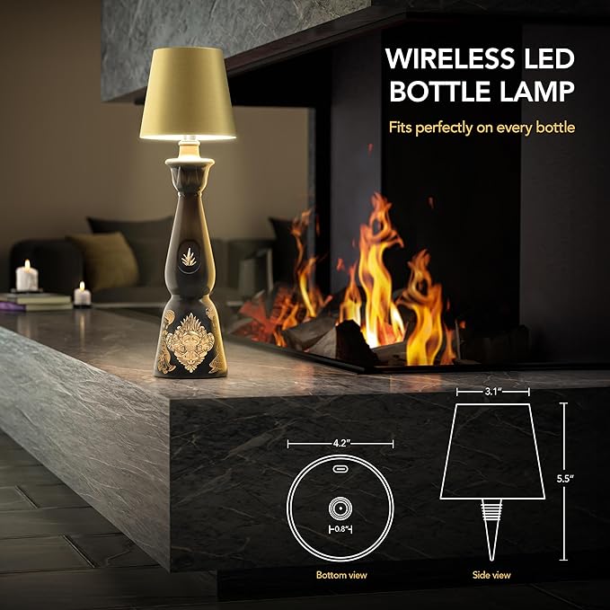 Wireless Bottle Lamp for Any Type of Bottle - LED Bottle Lamp for Indoor & Outdoor - 100% Waterproof - Adjustable Brightness and Light Temperature 3000-6000K - Wireless & Rechargeable (Gold)