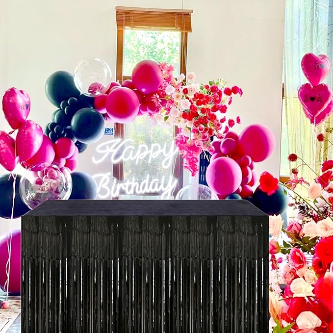 Black Streamers Party Decorations, 2 Packs Black Table Skirts Metallic Foil Fringe Tinsel for Graduation Birthday Wednesday Twilight Wizard Float Parade Halloween Party Supplies - 29x108 Inch