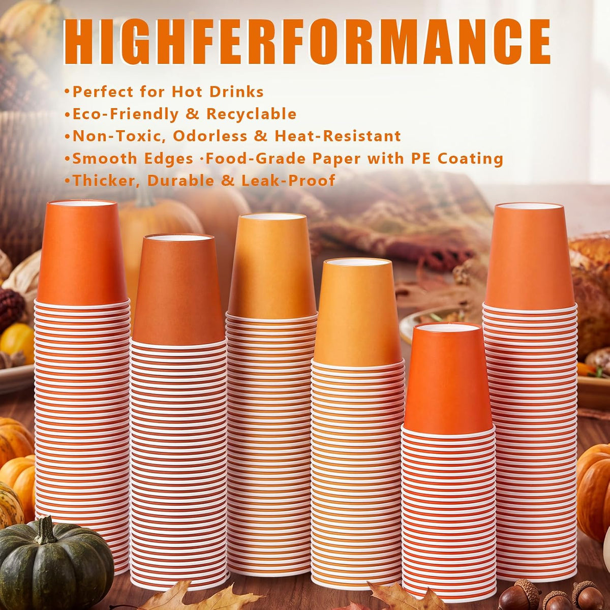 300 Pack 8 oz Fall Orange Disposable Paper Cups for Autumn Party Supplies