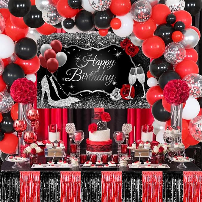 4 Pack 29x108 Inch Metallic Foil Fringe Tinsel Table Skirts for Rectangle Tables Streamer Backdrop for Wedding, Birthday, Parade Floats, Christmas, Halloween Party Decoration(Black Red)