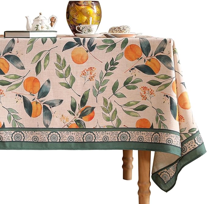 patdrea Designer Vintage Linen Rectangle Table Cloth,Framhouse Oranges and Leaves Pattern French Extra Long Tablecloth,Decor Cover for Kitchen Dining Christmas,Thanksgiving,67"x118"-Palladin a