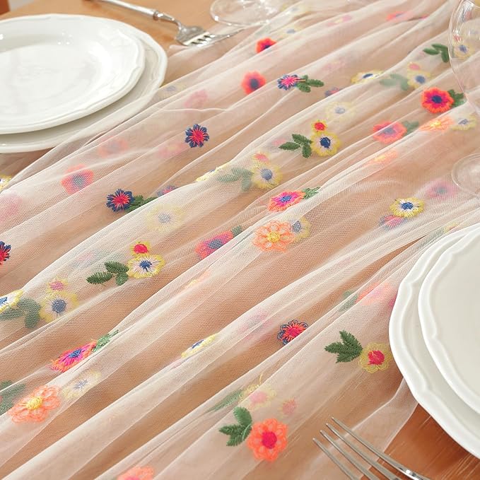 Champagne Embroidery Daisy Fall Table Runner 120Inch 10FT Florals Soft Sheer Tulle Fabric Table Runner for Home Decor, Brithday, Wedding, Baby Shower ,Holiday ,Parties, DIY Craft,3PC