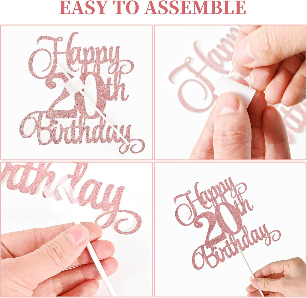 20th Birthday Cake Decorations, 20th Birthday Candles Cake Numeral Candles and Glitter Happy 20th Birthday Cake Toppers Set for Birthday Party Supplies (Rose Gold)