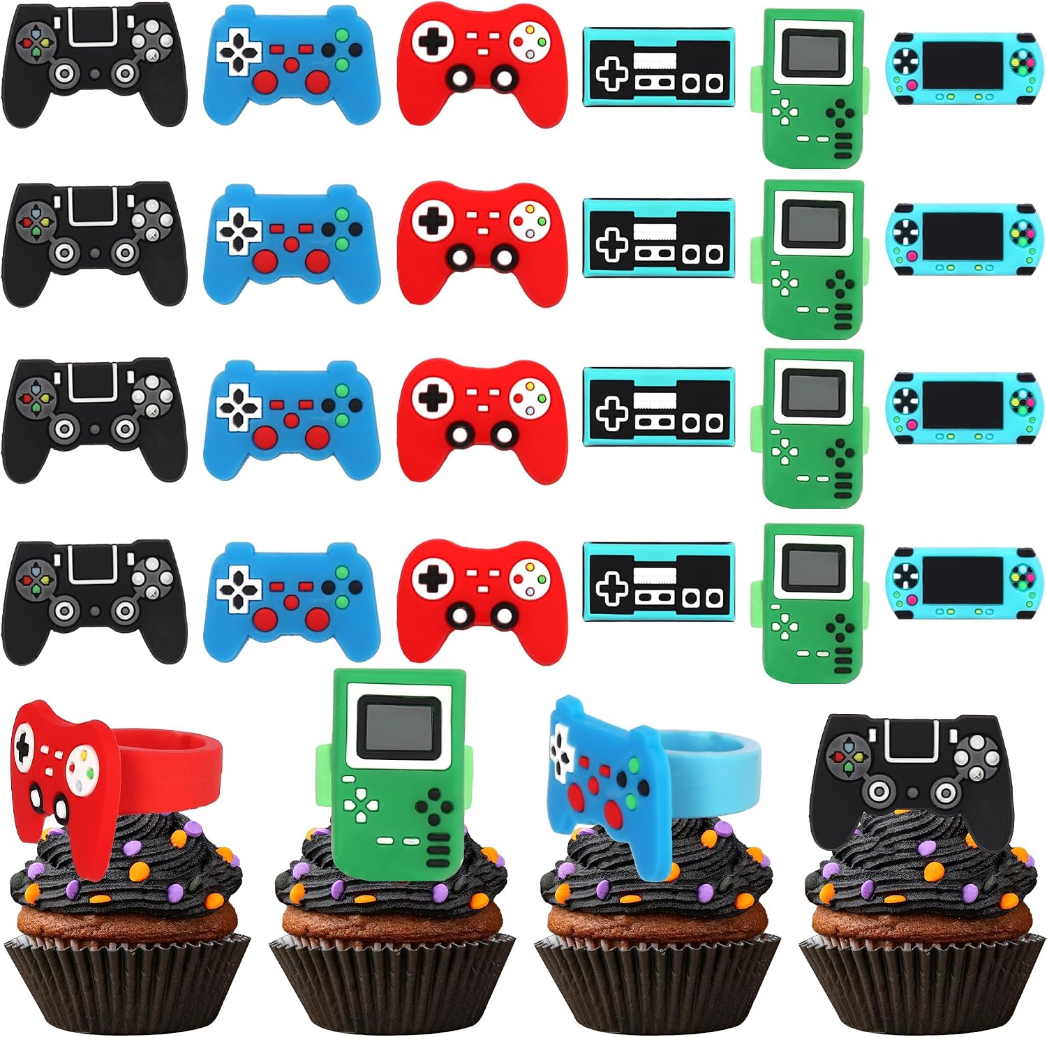 24 PCS Video Game Cupcake Rings Toppers Video Game Birthday Party Decorations Game On Controllers Cupcake Toppers for GamePad Theme Baby Shower Birthday Anniversary Party Cake Decorations Supplies