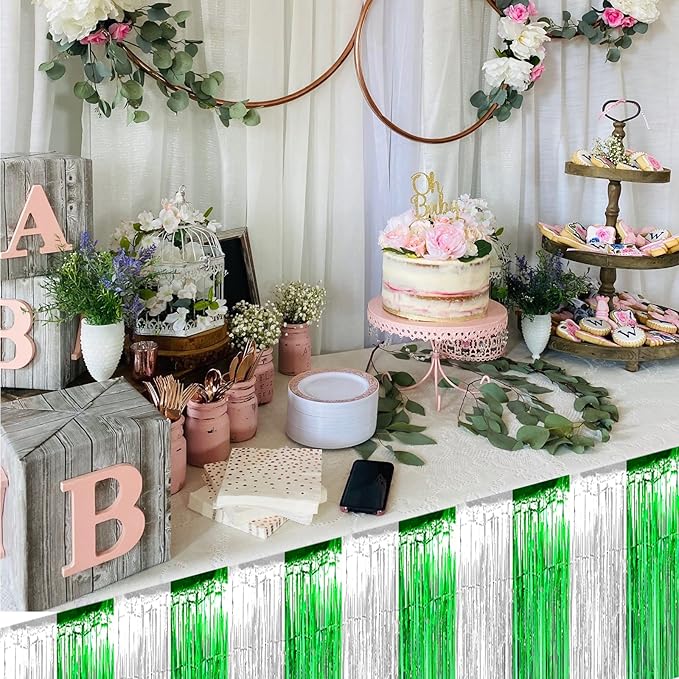 6 Pack 29x108 Inch Silver Green Metallic Foil Fringe Tinsel Table Skirts for Rectangle Tables Streamer Curtains Backdrop for Birthday, Parade Floats, Mardi Gras, St Patrick Day Party Decoration