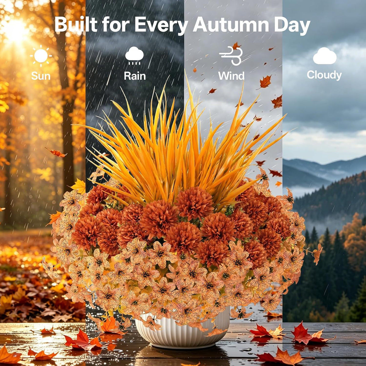 15 bundles artificial mums for outdoors, faux mums on a desk or shelf