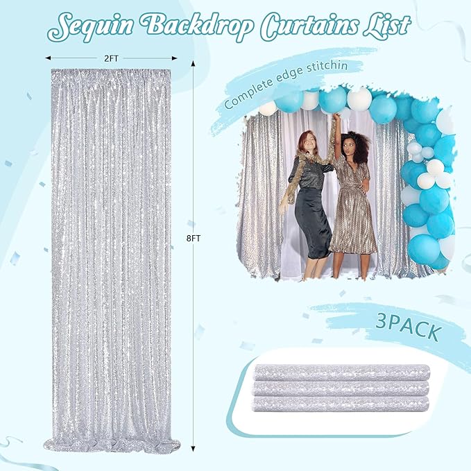 Silver Sequin Backdrop Party Decorations - 3 Packs 2ft x 8ft Silver Photography Background Curtain for Christmas Birthday
