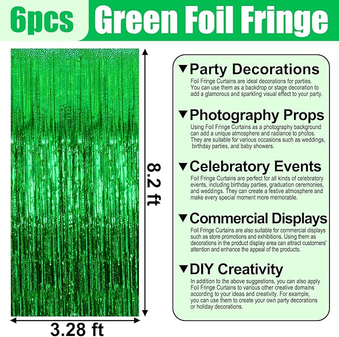 6 Pack Green Foil Fringe Curtain Backdrop, 3.28Ft x 8.2Ft Metallic Tinsel Foil Fringe Streamer Curtains for Photo Booth, Birthday, Wedding, New Year Party Decorations