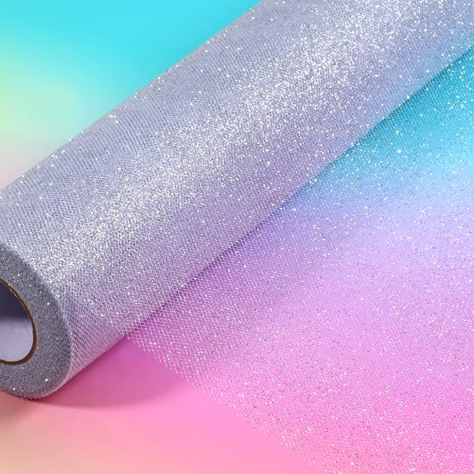 Sparkling Tulle Rolls, 15” by 30 Yards (90FT) Glitter Tulle Spool Ribbon Fabric for Wedding Birthday Bridal Shower Tutu Skirt Party Gift Wrapping (Sliver)