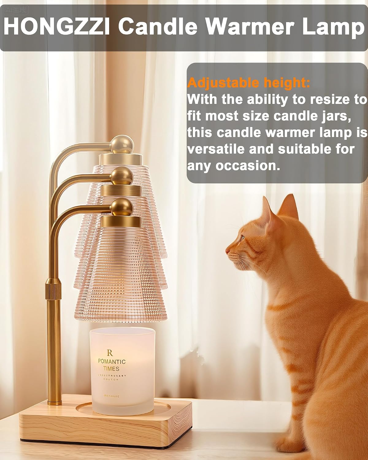 Candle Warmer Lamp with Timer - Adjustable Height & Brightness - Wood Base Glass Shade - 2 Bulbs Included(Square Gold)
