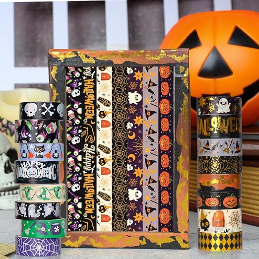 16 Rolls Halloween Washi Tape Holiday Masking Tape Stickers Glod Foil Decorative Tape for Scrapbook Journal DIY Craft Gift Wrapping（Halloween