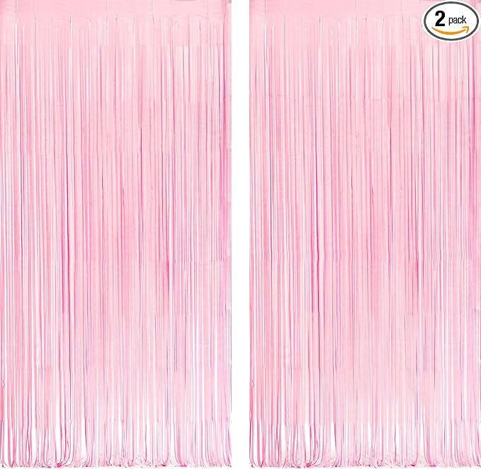 Pastel Pink Party Backdrop Decoration - GREATRIL Baby Pink Foil Fringe Streamers for Baby/Boo Day/Valentines/Cowgirl/Sweet/Cloud/Unicorn/Princess/Bow Themed - 3.2ft X 8.2ft - 2 Packs