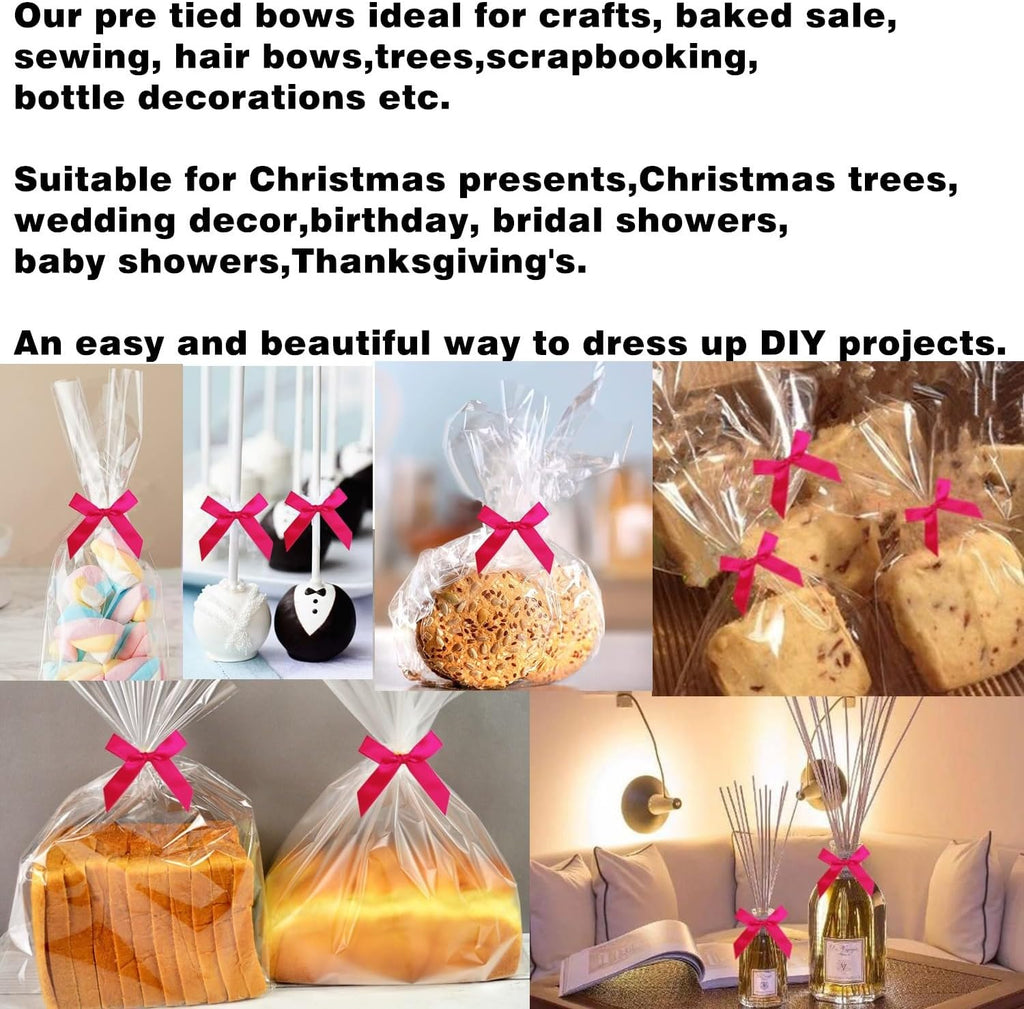 60 PCS 3 Inch Rose Pink Twist Tie Bows for Treat Bags, Twist Ties with Bows, Satin Twist Tie Bows for Cake Pop, Pretied Bows with Twist Ties, Bow Ties for Gift Bags, Cookie Bags, Popcorn Bags