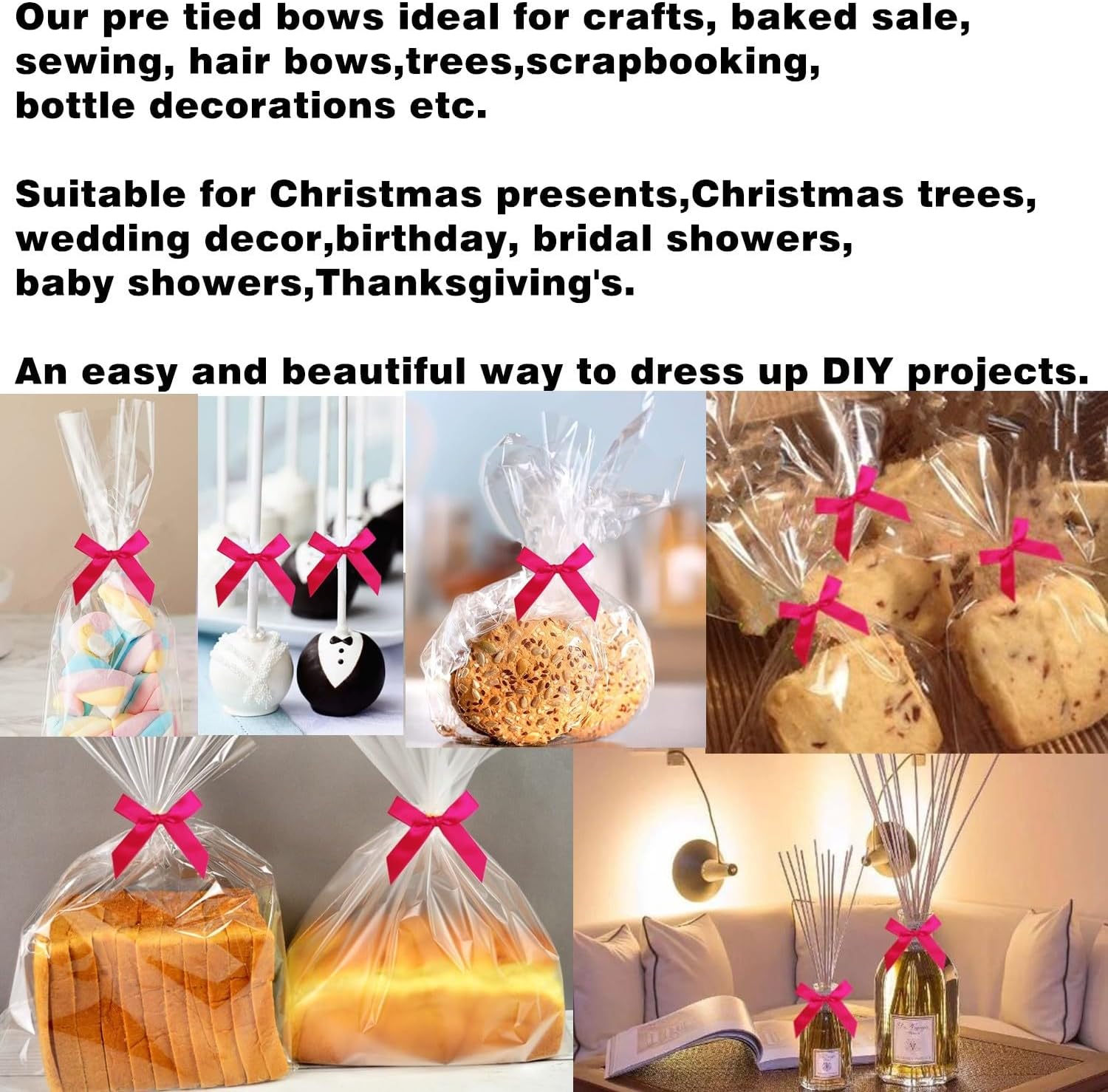 60 PCS 3 Inch Rose Pink Twist Tie Bows for Treat Bags, Twist Ties with Bows, Satin Twist Tie Bows for Cake Pop, Pretied Bows with Twist Ties, Bow Ties for Gift Bags, Cookie Bags, Popcorn Bags