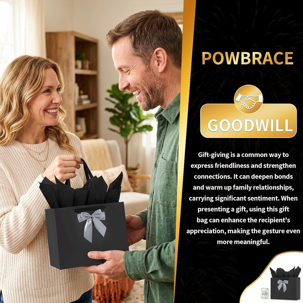 13" Black Bags with Handles, Birthday Gift Bag Set - 1 Gift Bag with Bow, 2 Tissues & Greeting Card for Men Women,Gift Bags Medium size(1 PCS Black Glossy)