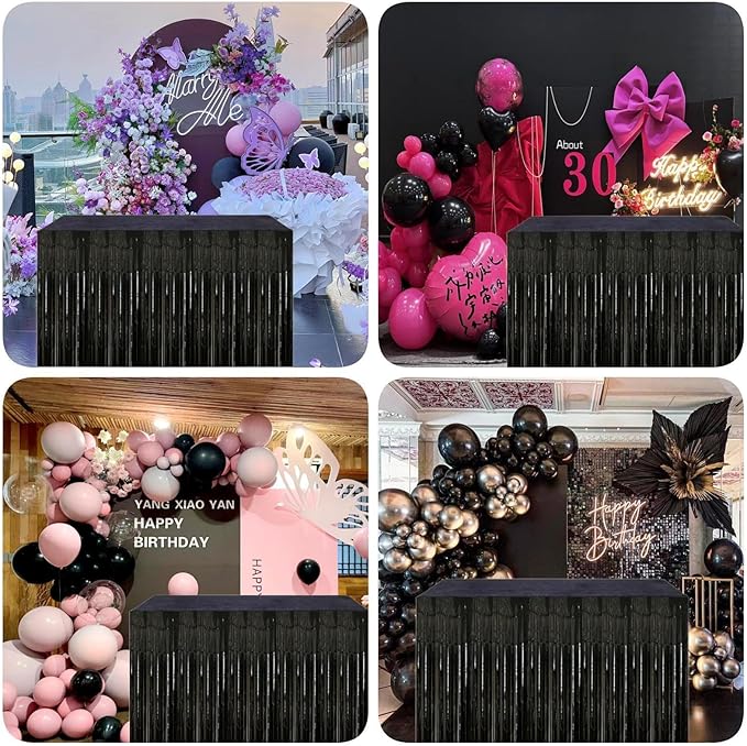Black Streamers Party Decorations, 2 Packs Black Table Skirts Metallic Foil Fringe Tinsel for Graduation Birthday Wednesday Twilight Wizard Float Parade Halloween Party Supplies - 29x108 Inch